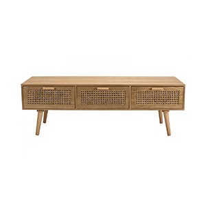 Meuble TV 3 tiroirs en bois naturel et rotin