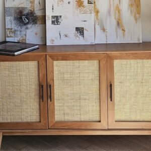 Meuble télé, bois et cannage, 3 portes