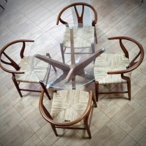 Table ronde 1 m bois et verre + 4 chaises corde