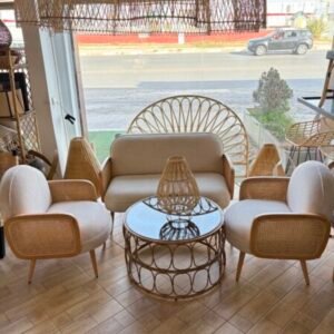 Salon en bois et massif et cannage rotin